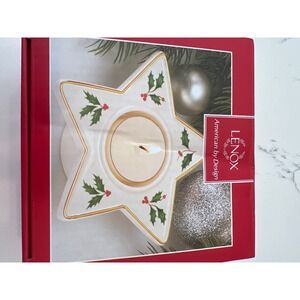 Lenox Holiday Star Votive Porcelain Candle Holder Holly Berry Gold Trim